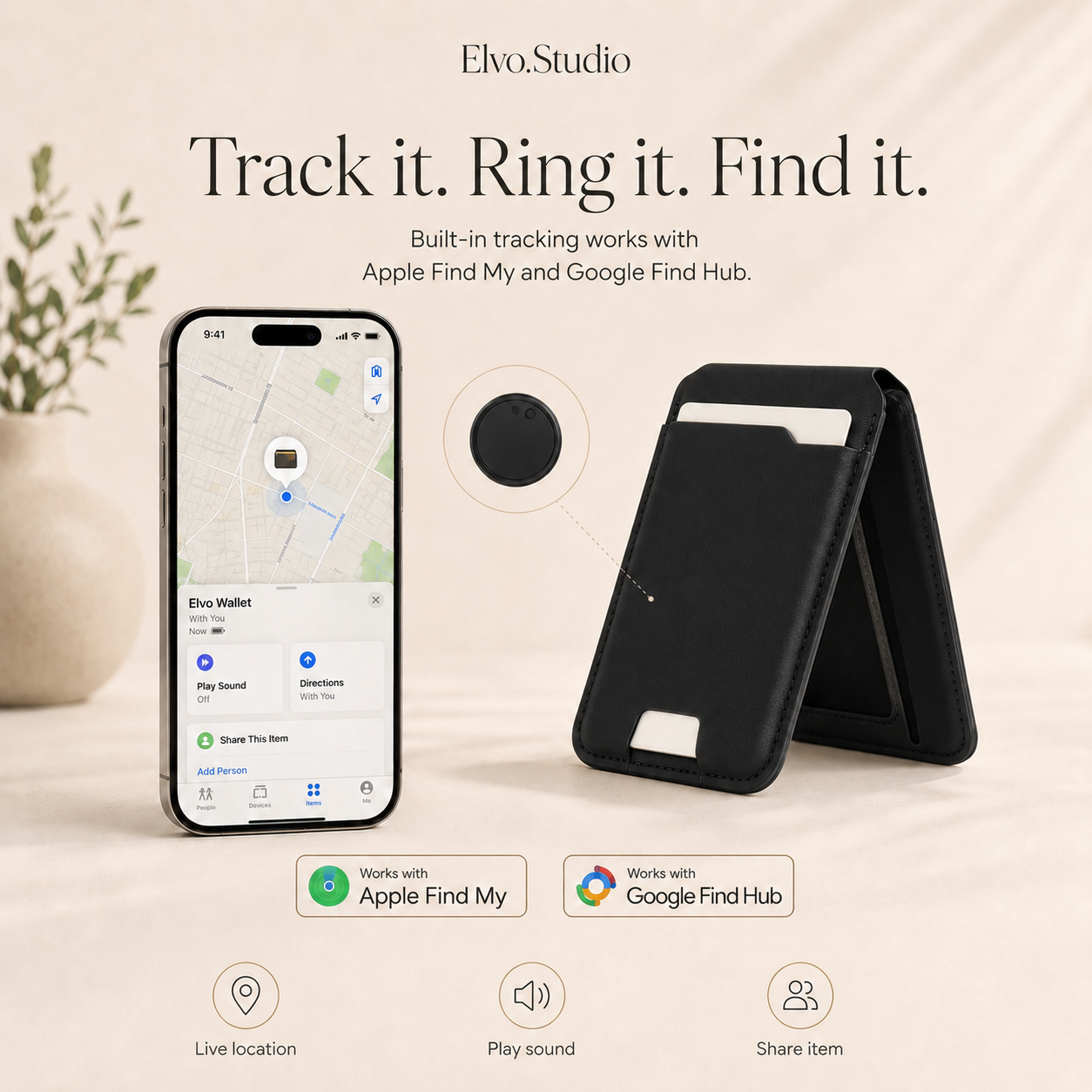 color-black | ELVO Wallet black with Apple Find My and Google Find Hub tracking