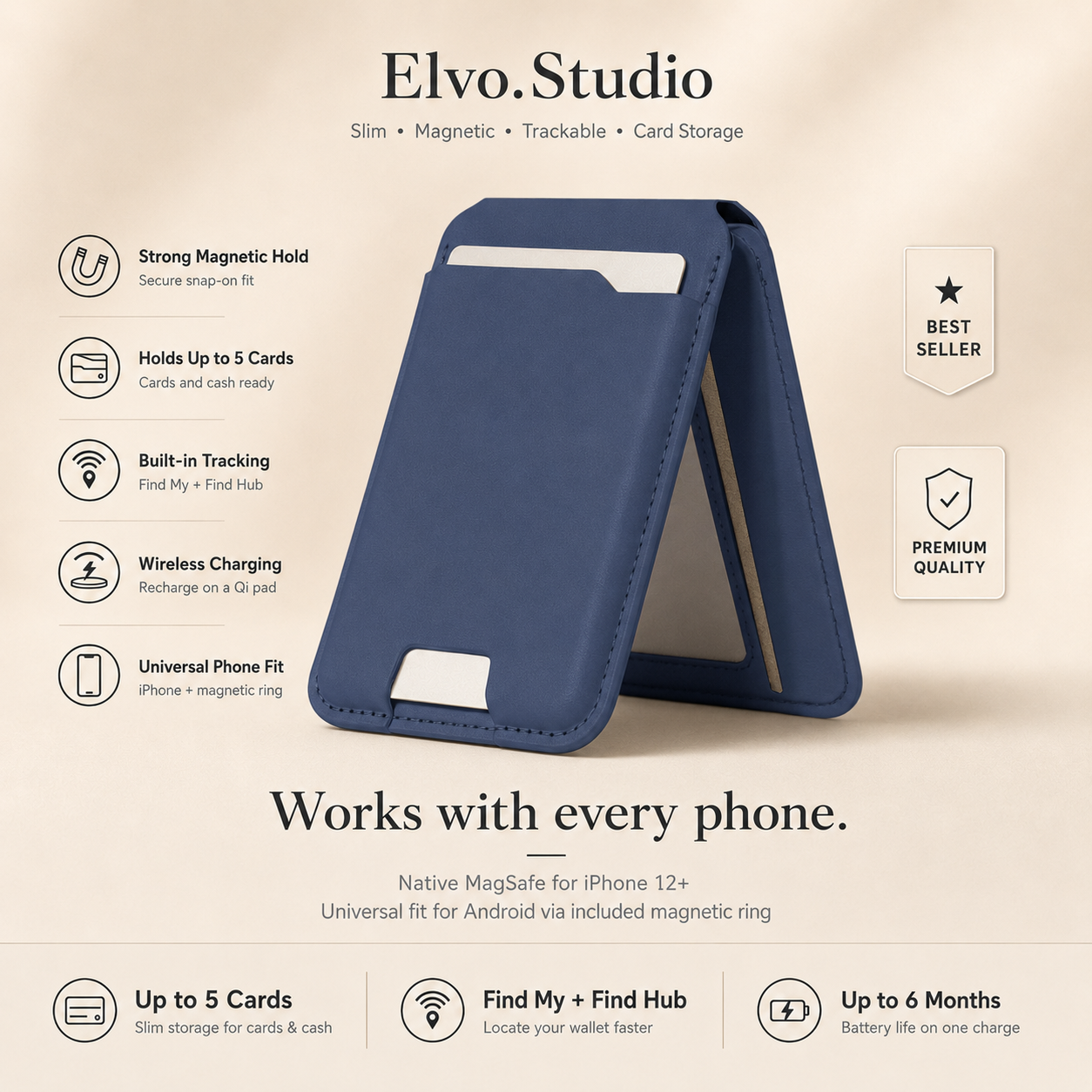 color-navy | ELVO Wallet navy with magnetic hold, Find My tracking and card storage