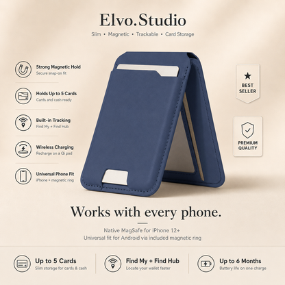 color-navy | ELVO Wallet navy with magnetic hold, Find My tracking and card storage