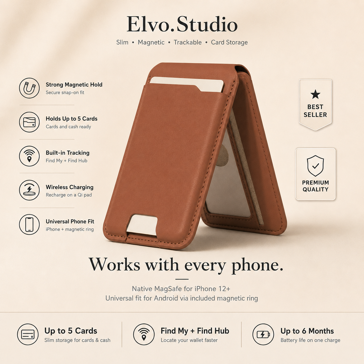 color-brown | ELVO Wallet brown with magnetic hold, Find My tracking and card storage