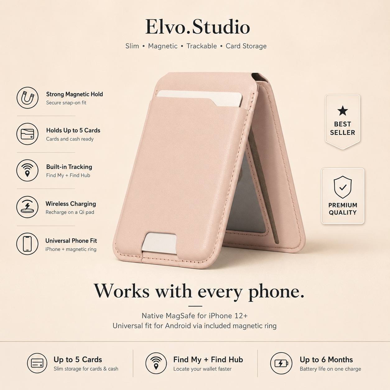 color-beige | ELVO Wallet beige with magnetic hold, Find My tracking and card storage