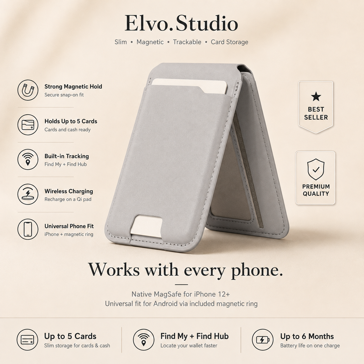 color-gray | ELVO Wallet gray with magnetic hold, Find My tracking and card storage