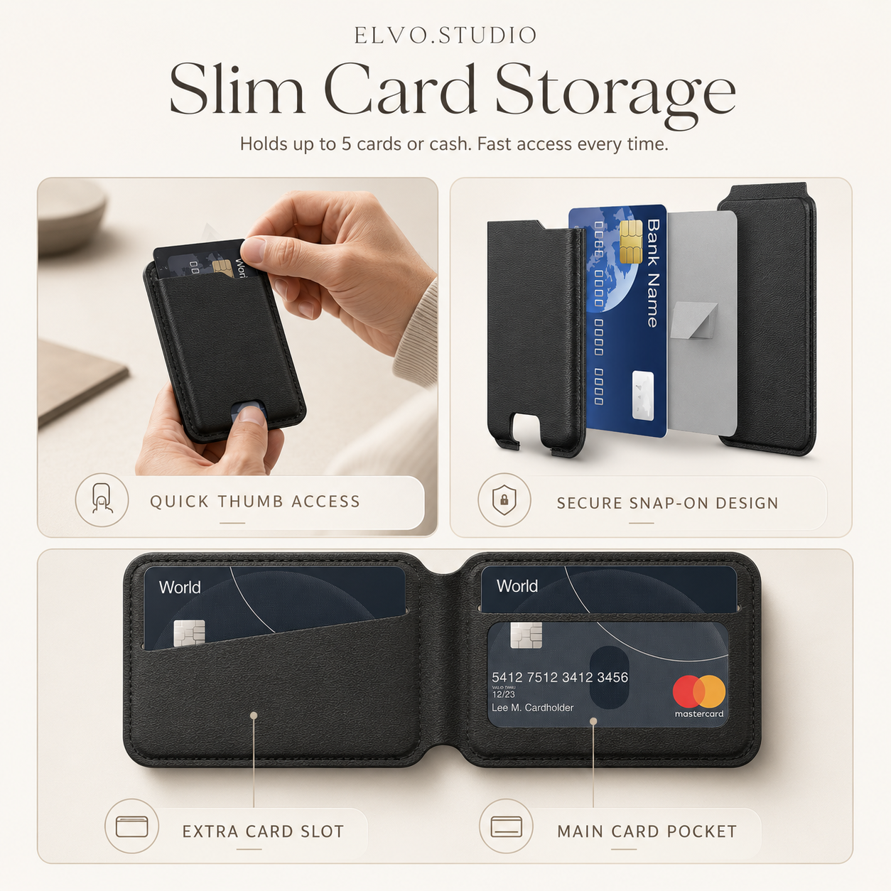 color-black| ELVO Wallet black slim card storage with quick thumb access