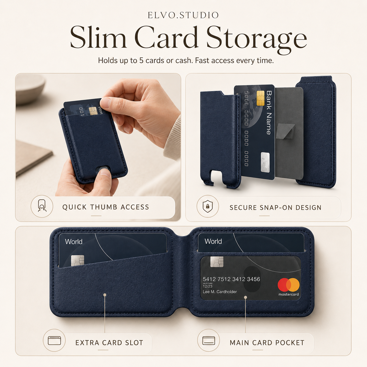 color-navy | ELVO Wallet navy slim card storage with quick thumb access