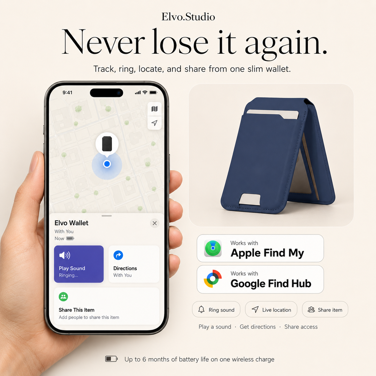 color-navy | ELVO Wallet navy with Apple Find My and Google Find Hub tracking