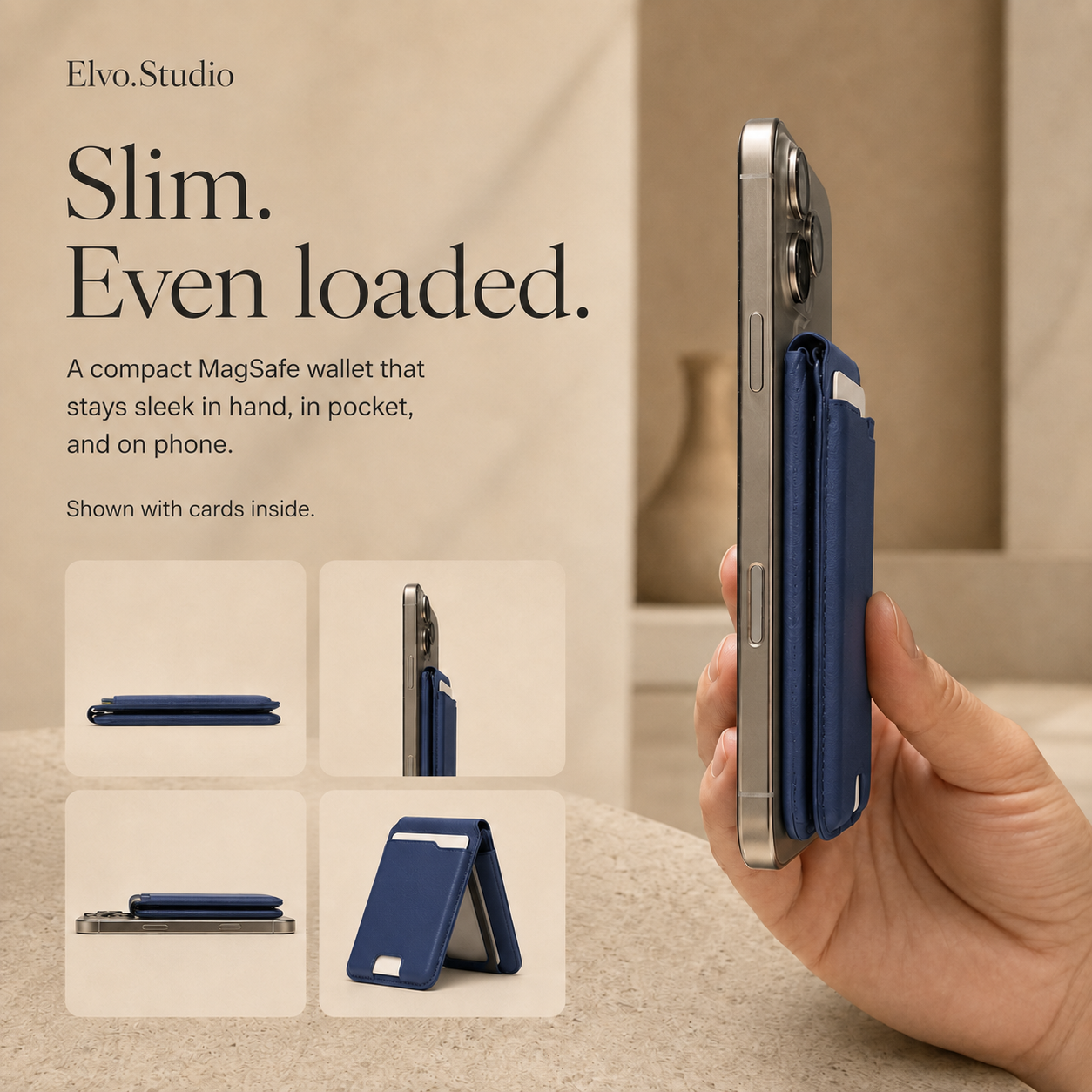color-navy| ELVO Wallet navy slim profile with cards