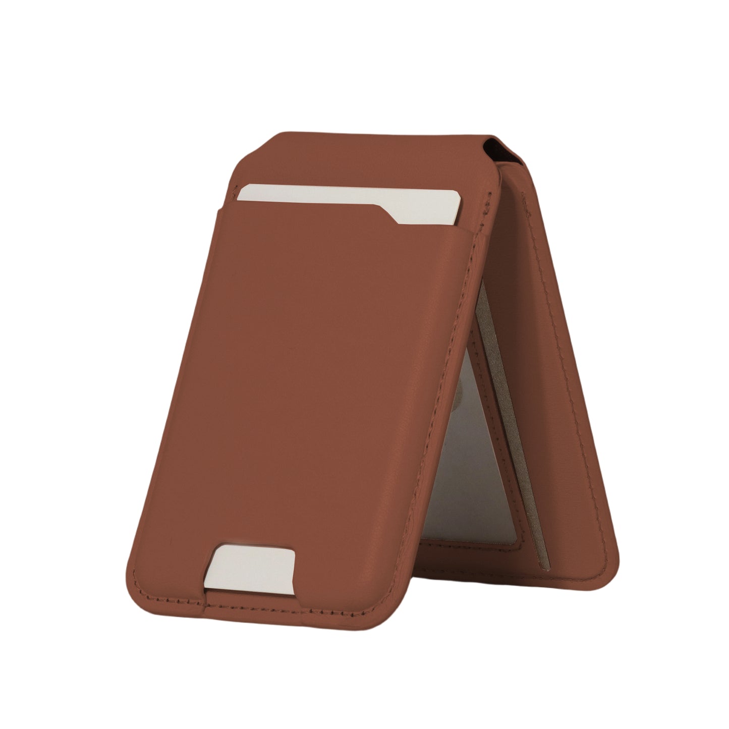 Brown leather cardholder with a white card on a white background