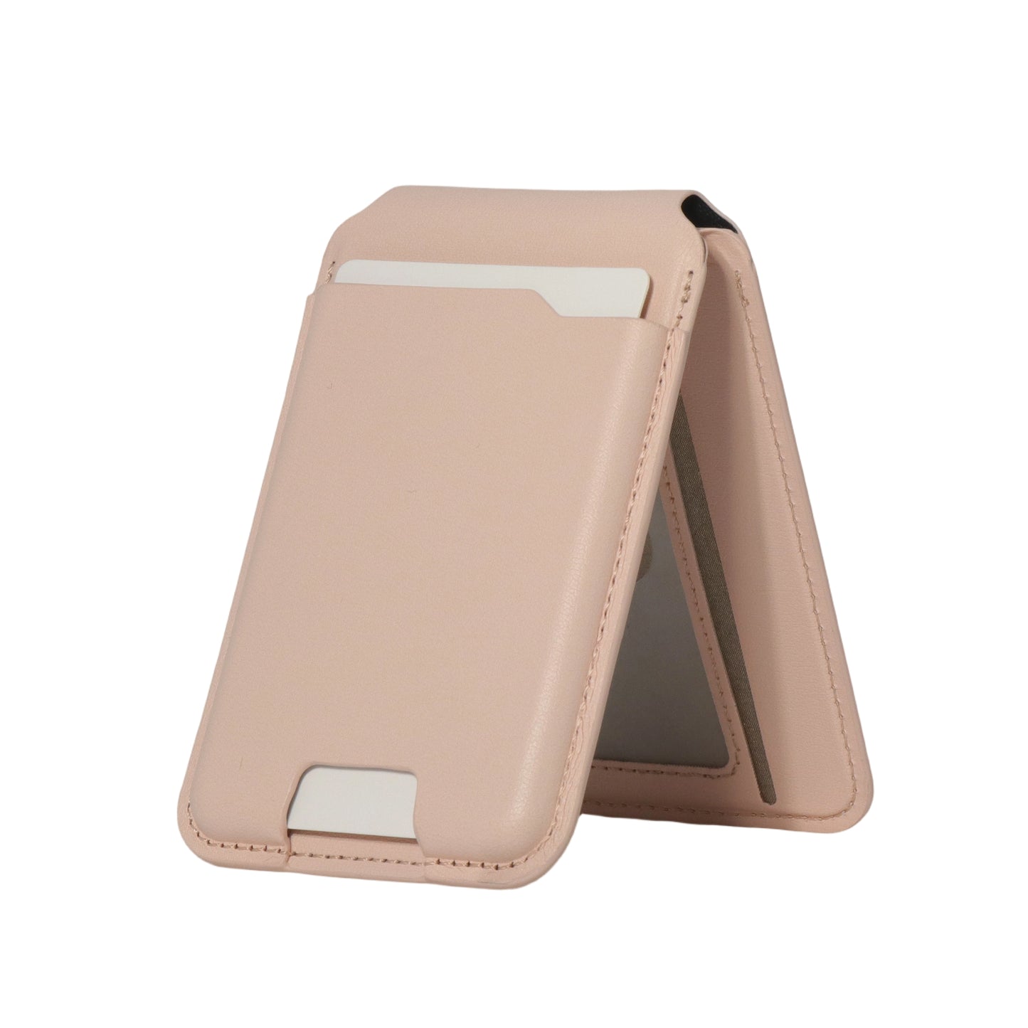 Pink phone case with card holder on a white background