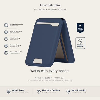 Blue phone case with features listed on a white background, branded as Elvo Studio.