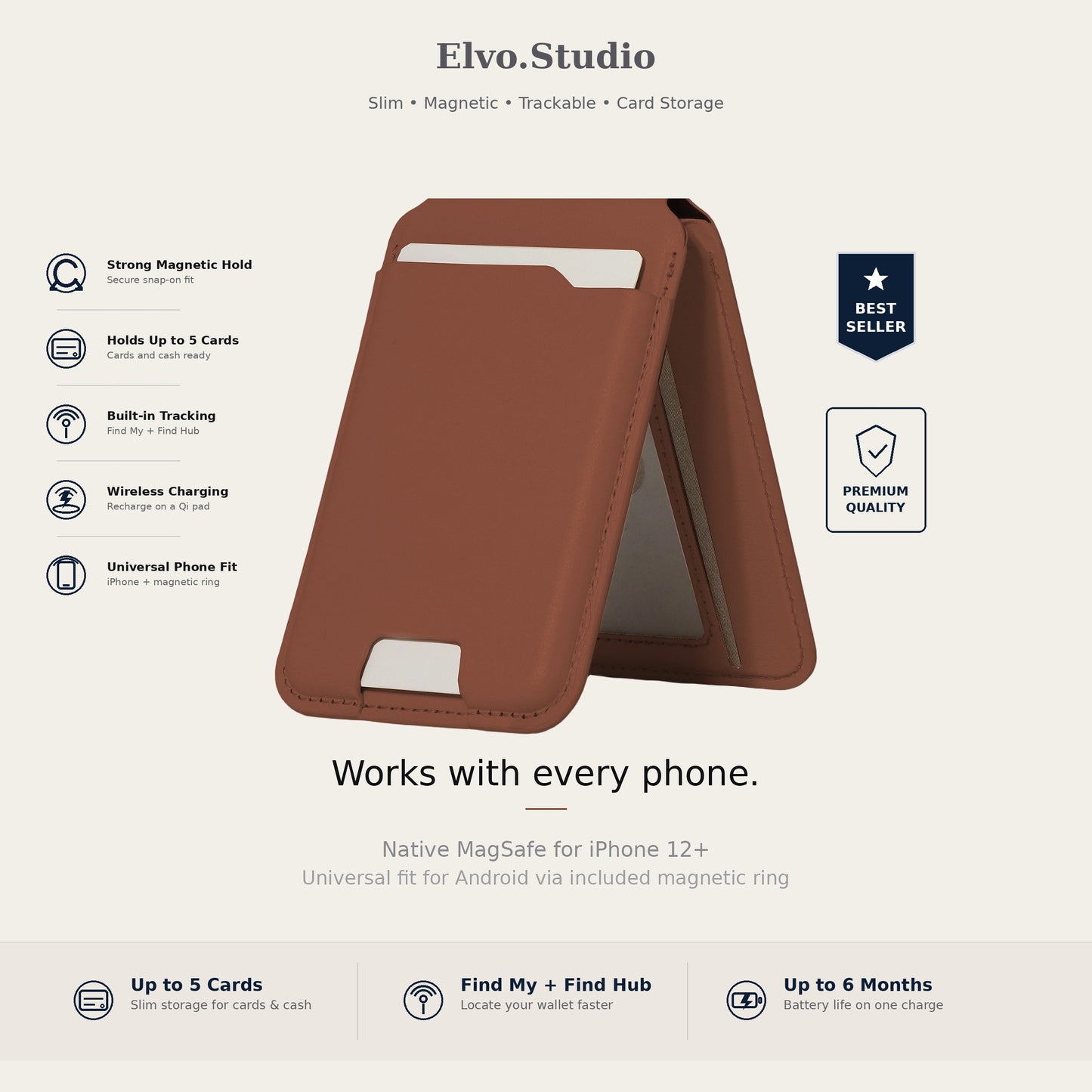 Brown phone case with features listed on a white background, branded as Elvo Studio.